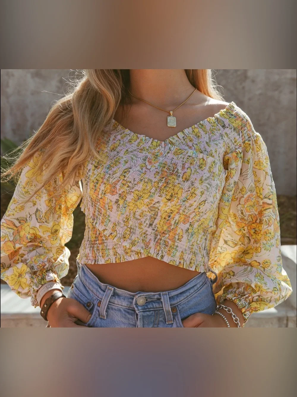 Free People East To West Floral Smock Crop Top Cottage Stretch Peasant Boho Sz M
